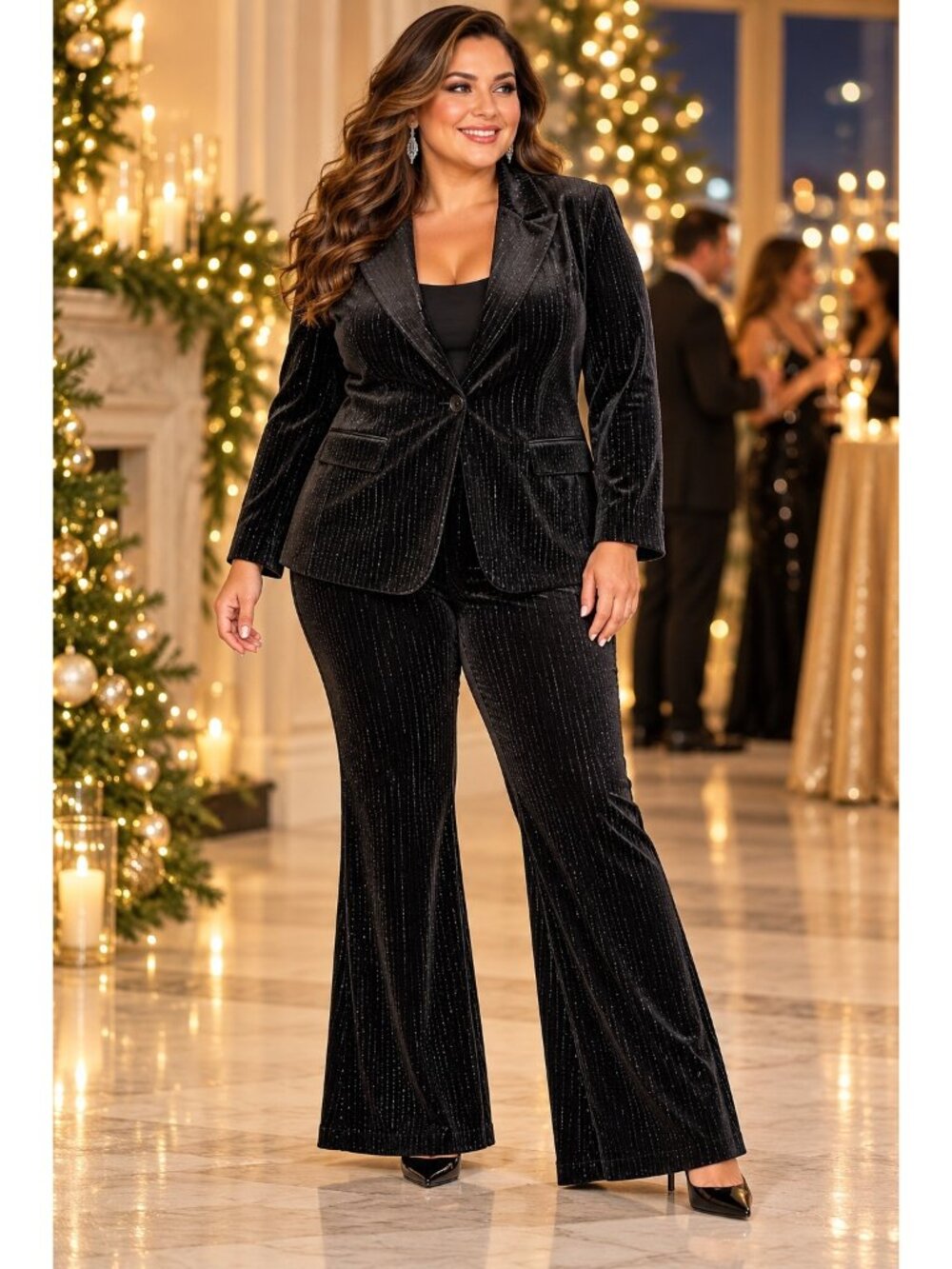 New Ava Viv Velvet Pantsuit 1X 2X Metallic Pinstripe Blazer Flare Pants